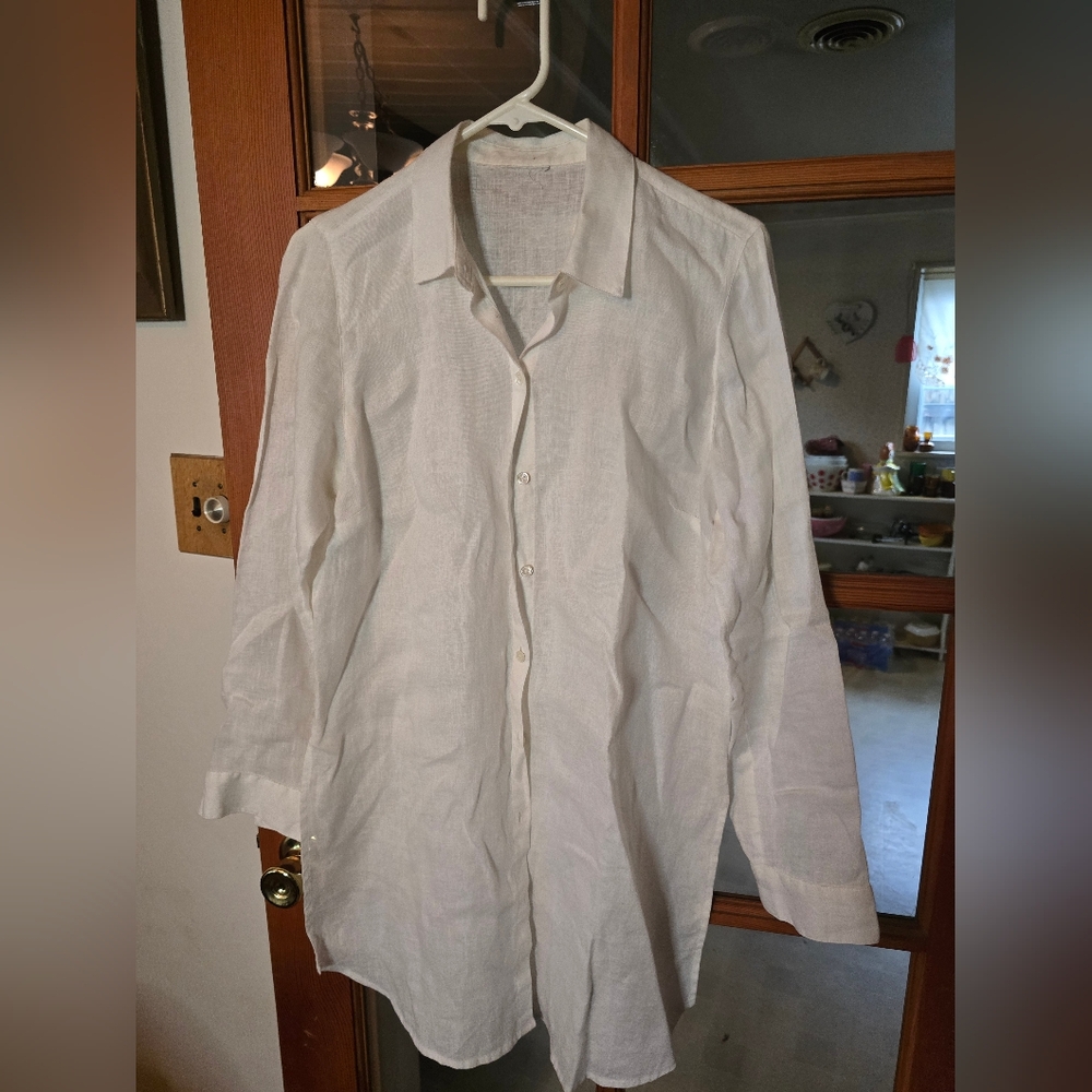 J. Jill Linen Button Down Long Blouse With Side Slits